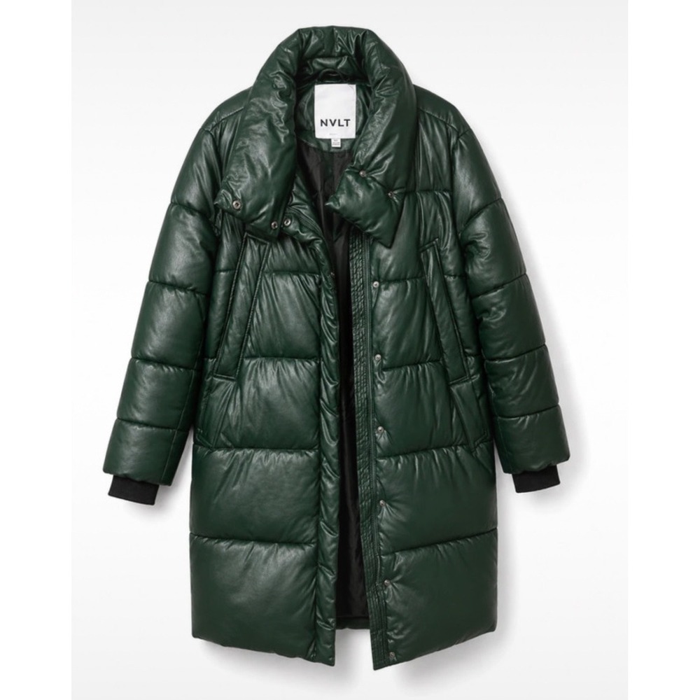 NVLT Forest Green Faux Leather Puffer Coat Quilted Funnel Neck Jacket Streetwear